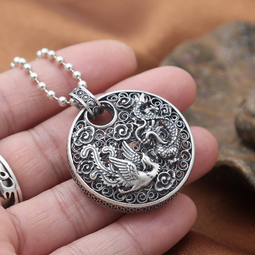 990 Sterling Silver Pendant Dragon Phoenix Hollow out Jewelry