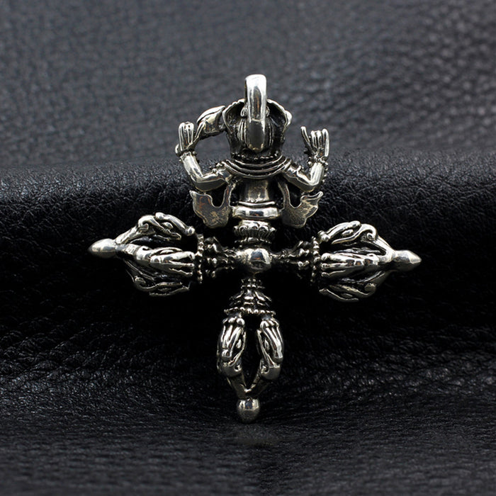 Real Solid 925 Sterling Silver Pendants Vajra Cross Elephant Trunk King CZ Inlay