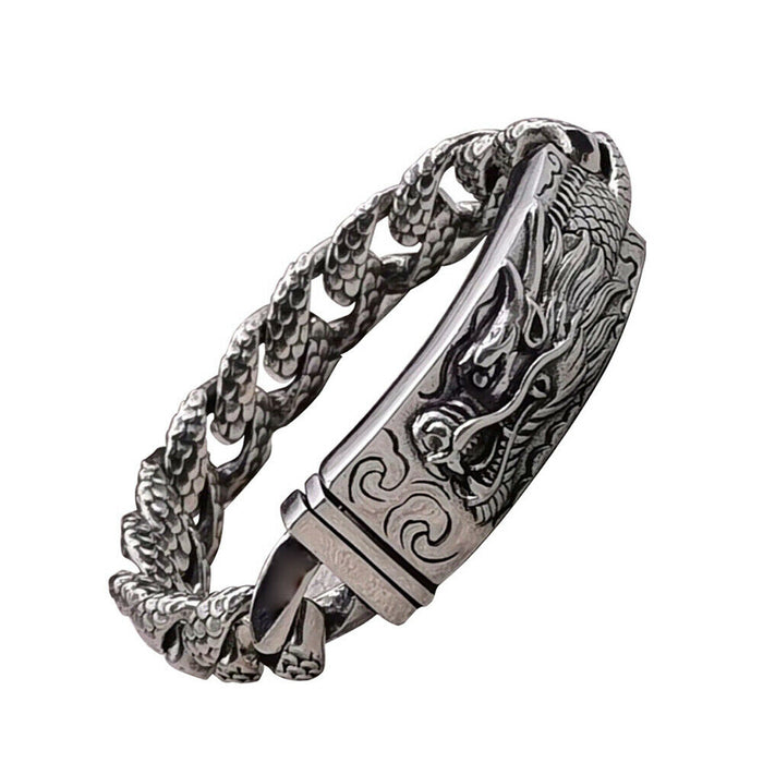 Real Solid 925 Sterling Silver Bracelet Dragon AnimalS Scales Cuban Link Chain Punk Jewelry 7.9"