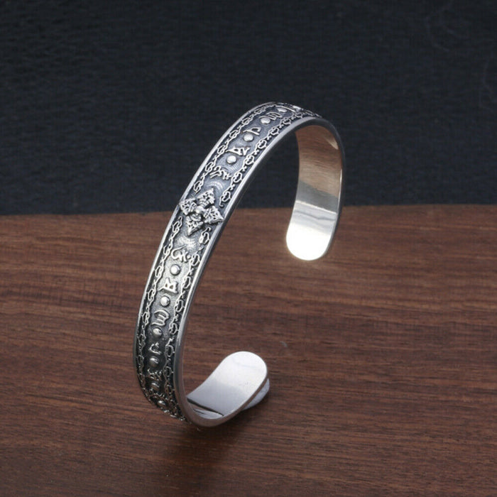 Real Solid 925 Sterling Silver Cuff Bracelet Bangle Religions Om Mani Padme Hum Vajra Luck Jewelry