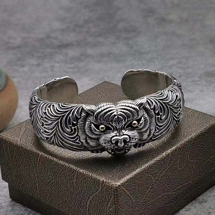 Men's Real Solid 925 Sterling Silver Cuff Bracelet Bangle Animals Tiger Punk Jewelry