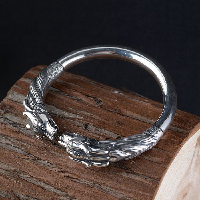 Men's Real Solid 990 Sterling Silver Cuff Bracelet Bangle Dragon Animal Polished Punk Jewelry