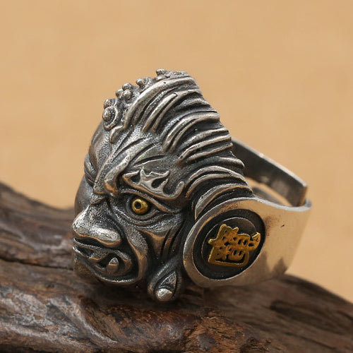 Huge Real Solid 925 Sterling Silver Ring Buddha Devil Good-and-Evil Gothic Jewelry Open Size 10 11 12 13