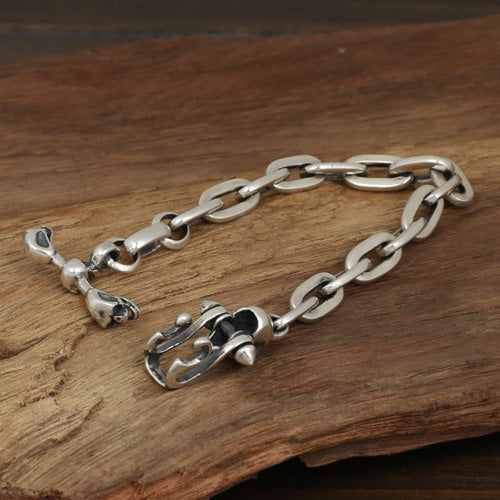 Men's Solid 925 Sterling Silver Bracelet Link Skeletons Skulls Loop Chain Jewelry