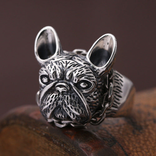 New Real Solid 925 Sterling Silver Ring Animals Bulldog Punk Jewelry Open Size 9-11
