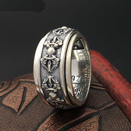 Real Solid 925 Sterling Silver Ring Rotation Vajra Religions Jewelry Size 7 8 9 10 11