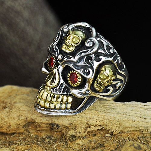 Genuine Solid 925 Sterling Silver Ring Skulls Garnet Gothic Hip Hop Jewelry Open Size 8-14