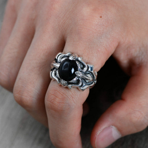 Real 925 Sterling Silver Ring Black Agate Flower Men's Size 8 9 10 11