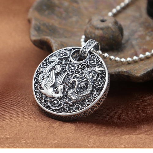 990 Sterling Silver Pendant Dragon Phoenix Hollow out Jewelry