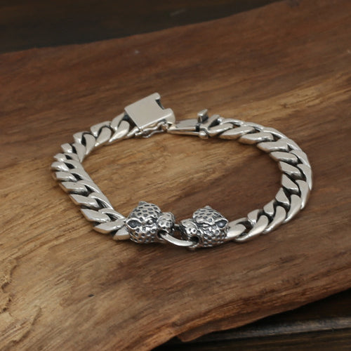 Real Solid 925 Sterling Silver Bracelet Cuban Link Animals Leopard Head Punk Jewelry 7.7"