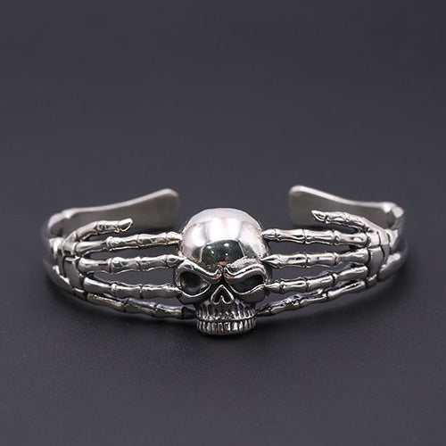 Men's Real Solid 925 Sterling Silver Cuff Bracelet Bangle Two Hands Skeletons Skulls Punk Jewelry
