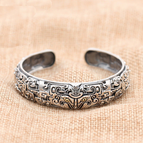 Men's Real Solid 925 Sterling Silver Cuff Bracelet Mythical Animals Gluttony Jewelry Open Bangle