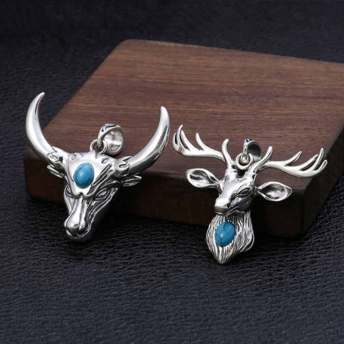 Real Solid 925 Sterling Silver Pendants Bull Head Deer Head Turquoise Inlay