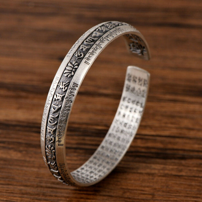Real Solid 999 Sterling Silver Cuff Bracelet Bangle Om Mani Padme Hum Lection Religions Fashion Luck Jewelry