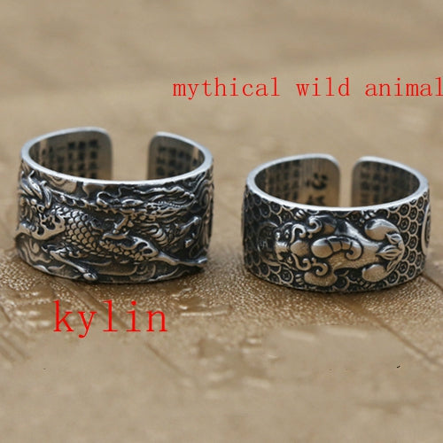 Real Solid 999 Pure Silver Ring Pixiu Kylin Animals Lection Punk Jewelry Open Size 7 8 9 10