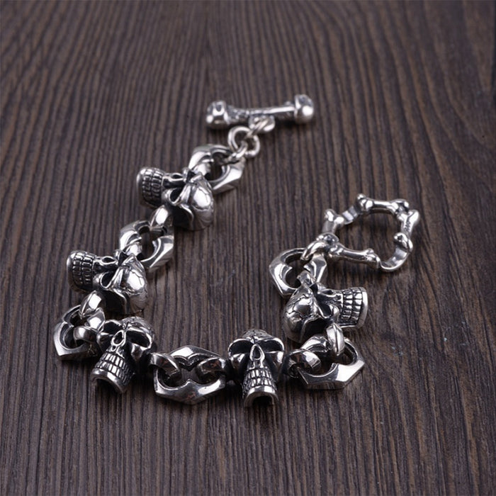 Men's Real Solid 925 Sterling Silver Bracelet Skull Skeleton Link Punk Jewelry 7.9"