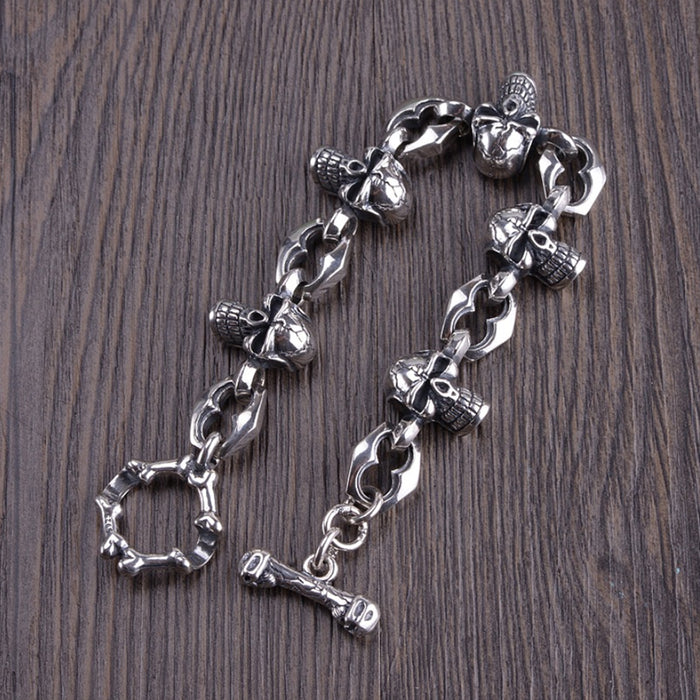 Men's Real Solid 925 Sterling Silver Bracelet Skull Skeleton Link Punk Jewelry 7.9"