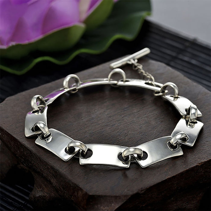 Real Solid 925 Sterling Silver Bracelet Rectangle Geometric Chain Fashion Jewelry