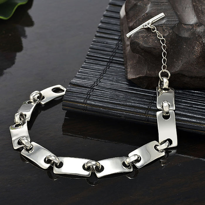 Real Solid 925 Sterling Silver Bracelet Rectangle Geometric Chain Fashion Jewelry
