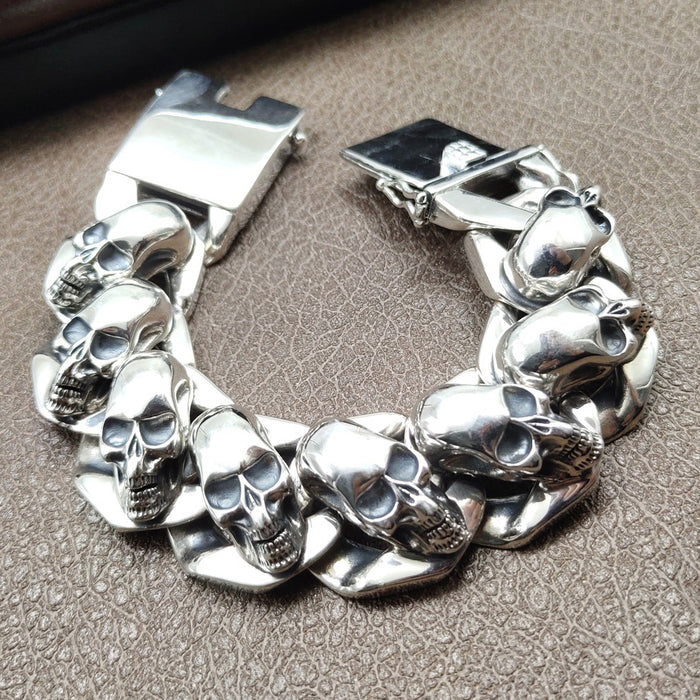 Huge Heavy Real Solid 925 Sterling Silver Bracelet Skeletons Skulls Miami Cuban Chain Punk Jewelry 7.9" 8.7"