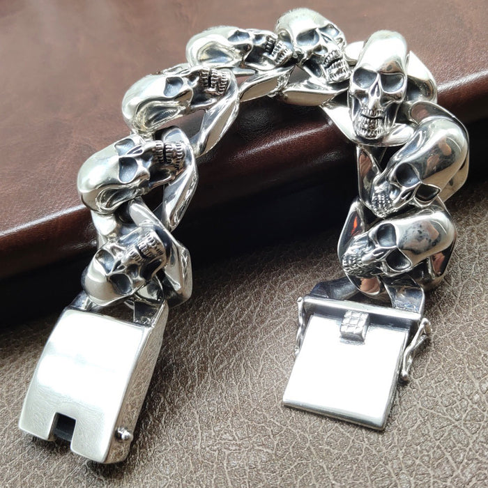 Huge Heavy Real Solid 925 Sterling Silver Bracelet Skeletons Skulls Miami Cuban Chain Punk Jewelry 7.9" 8.7"