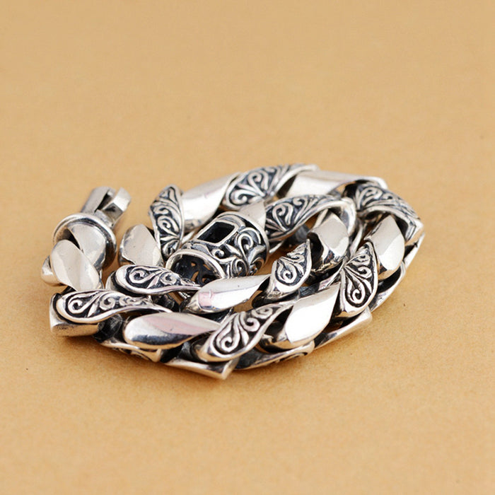 Men's Real Solid 925 Sterling Silver Bracelets Link Carved Flower Chain Jewelry 7.9" 8.3"