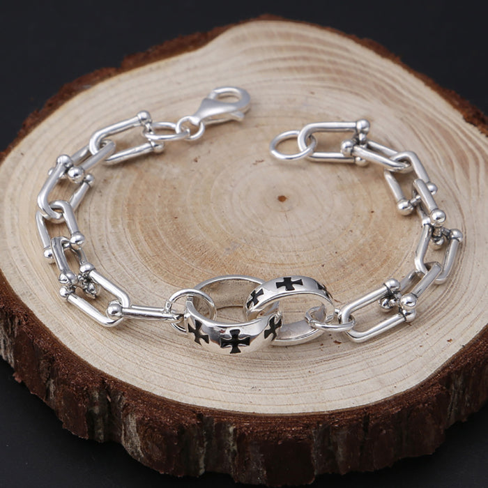 Real Solid 925 Sterling Silver Bracelet Horseshoe Link Chain Cross Punk Jewelry 6.7"-9.1"