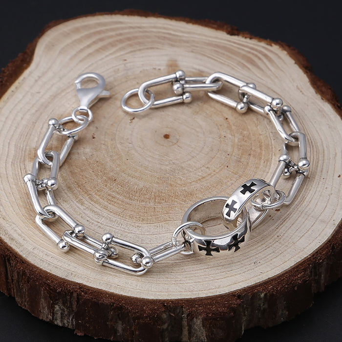 Real Solid 925 Sterling Silver Bracelet Horseshoe Link Chain Cross Punk Jewelry 6.7"-9.1"