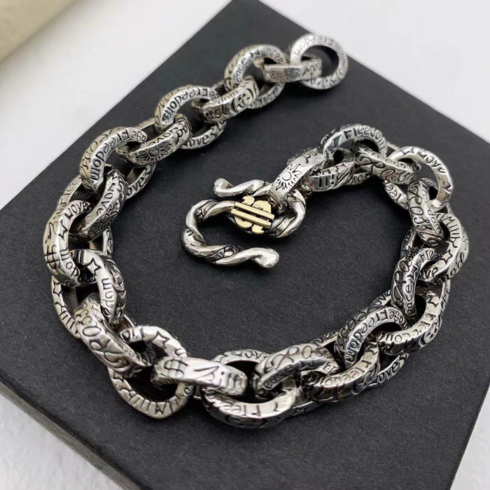 Real Solid 925 Sterling Silver Bracelet Graffiti Oval Link Chain Loop Hook-Buckle Punk Jewelry 7.1" 7.9"