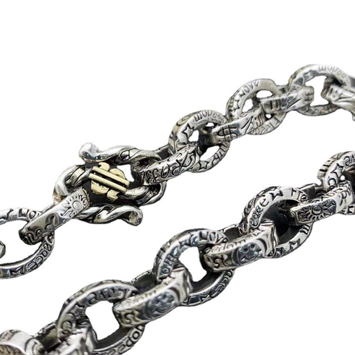Real Solid 925 Sterling Silver Bracelet Graffiti Oval Link Chain Loop Hook-Buckle Punk Jewelry 7.1" 7.9"
