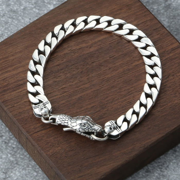 Real Solid 925 Sterling Silver Bracelet Animals Snake Miami Cuban Chain Punk Jewelry 7.1"-9.4"