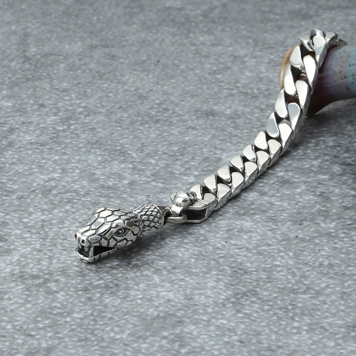 Real Solid 925 Sterling Silver Bracelet Animals Snake Miami Cuban Chain Punk Jewelry 7.1"-9.4"