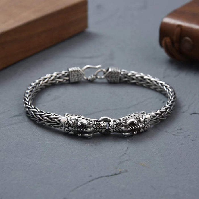 Real Solid 925 Sterling Silver Bracelet Animals Dragons Braided Chain Punk Jewelry 7.1"-9.4"