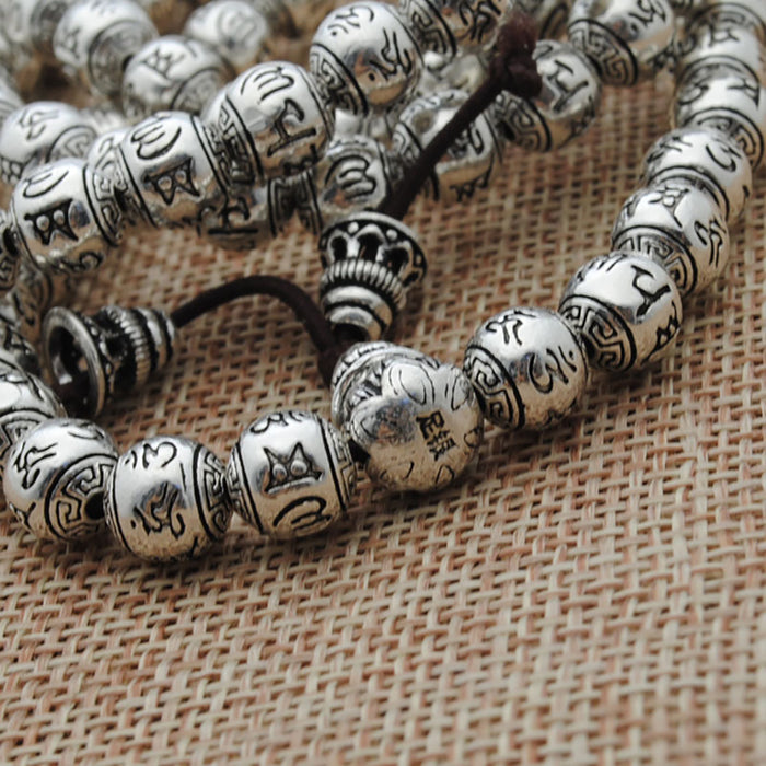 Real Solid 990 Fine Silver 108 Beads Bracelet Om Mani Padme Hum Religious Lucky Jewelry