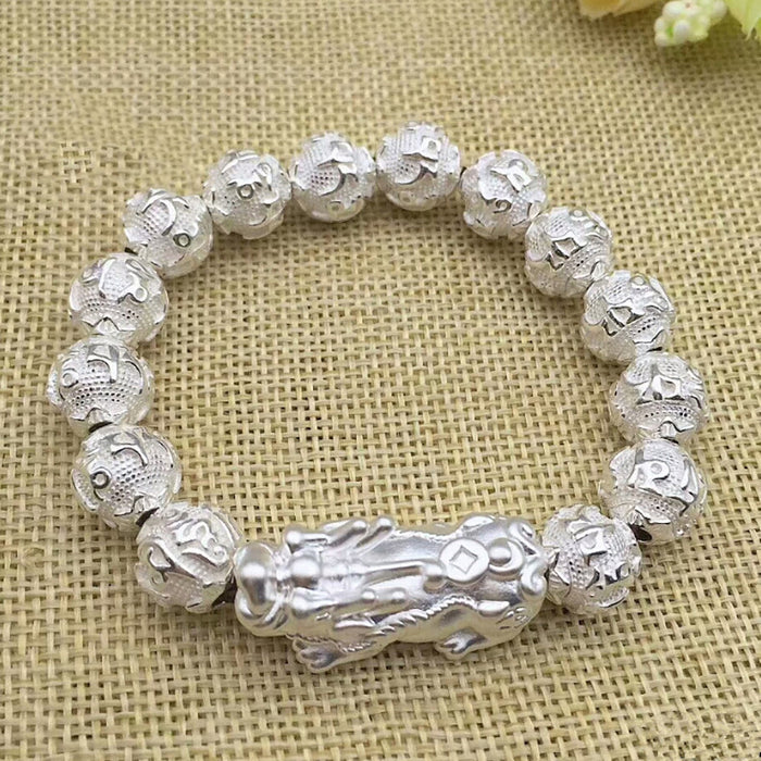 Real Solid 990 Fine Silver Elastic Bracelet Beaded Om Mani Padme Hum Pi Xiu Animals Lucky Jewelry