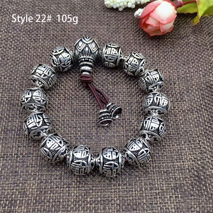Real Solid 990 Fine Silver Elastic Bracelet Beaded Om Mani Padme Hum Animals Lucky Jewelry 34 Designs