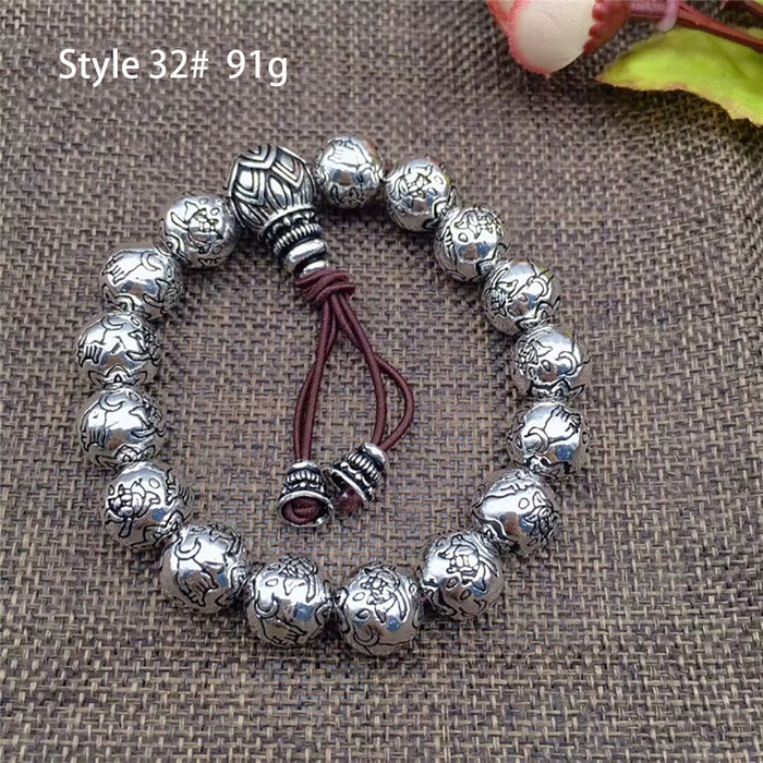 Real Solid 990 Fine Silver Elastic Bracelet Beaded Om Mani Padme Hum Animals Lucky Jewelry 34 Designs