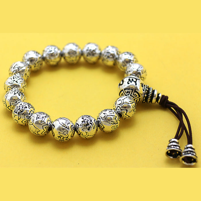 Real Solid 990 Fine Silver Elastic Bracelet Beaded Om Mani Padme Hum Buddha's Hand Lotus Lucky Jewelry