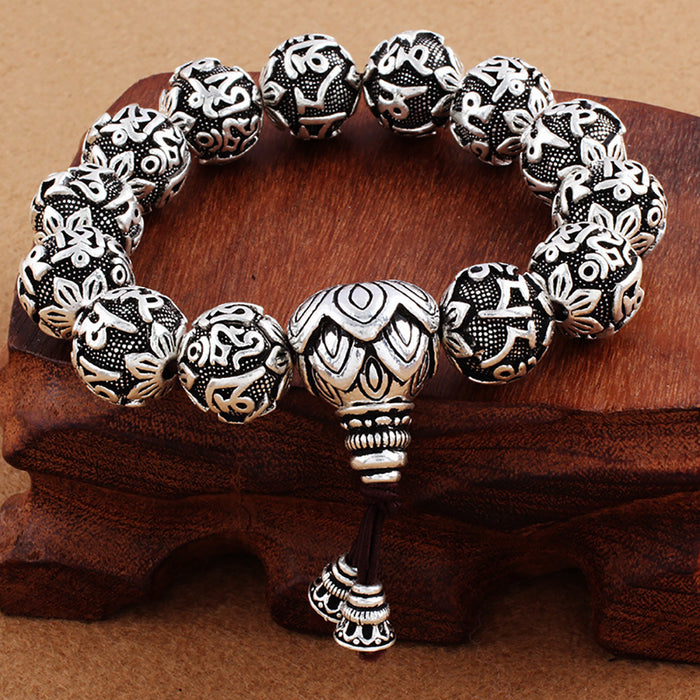 Real Solid 990 Fine Silver Elastic Bracelet Buddha Beads Om Mani Padme Hum Lotus Lucky Jewelry