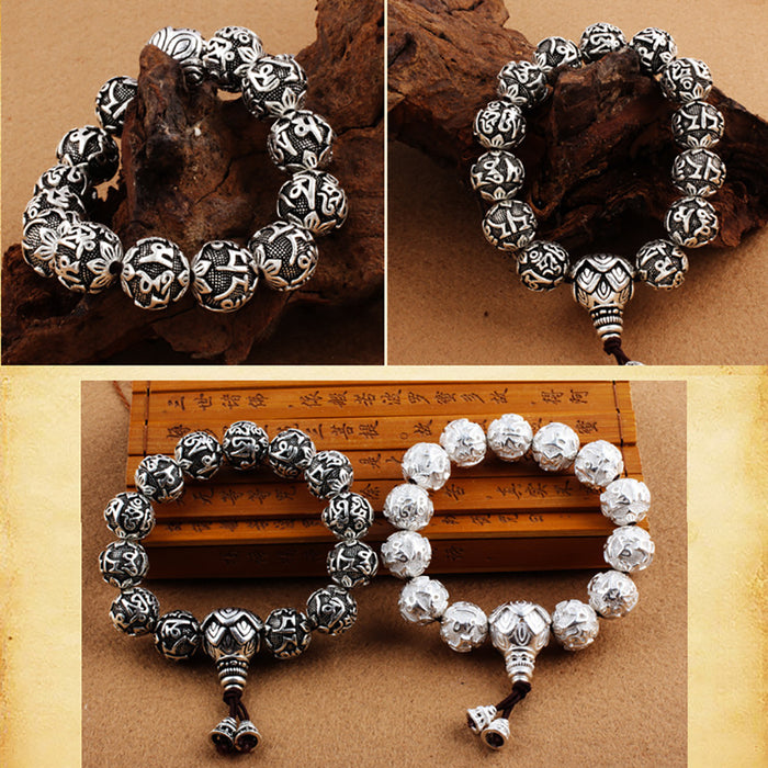 Real Solid 990 Fine Silver Elastic Bracelet Buddha Beads Om Mani Padme Hum Lotus Lucky Jewelry