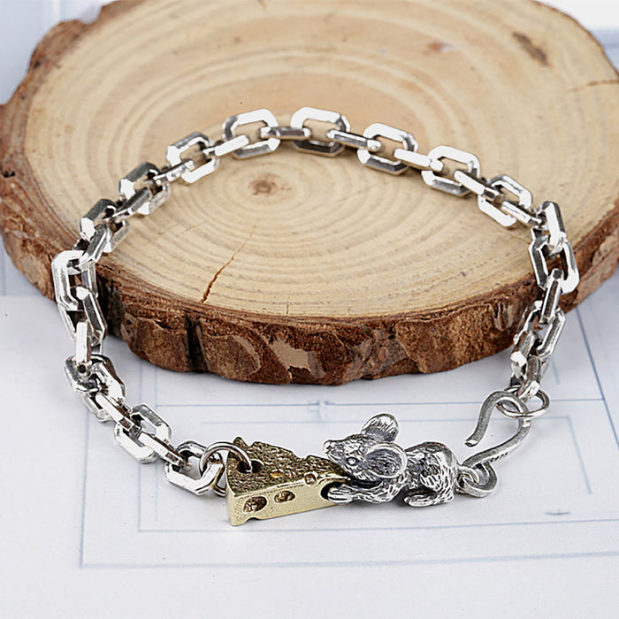 Real Solid 925 Sterling Silver Bracelet Chain Animals Mouse Love Cheese Punk Jewelry 7.9"