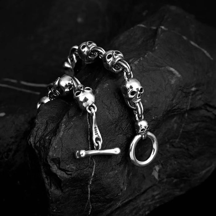 Heavy Real Solid 925 Sterling Silver Bracelet Skeletons Skulls Bone Gothic Punk Jewelry 7.1"-7.9"