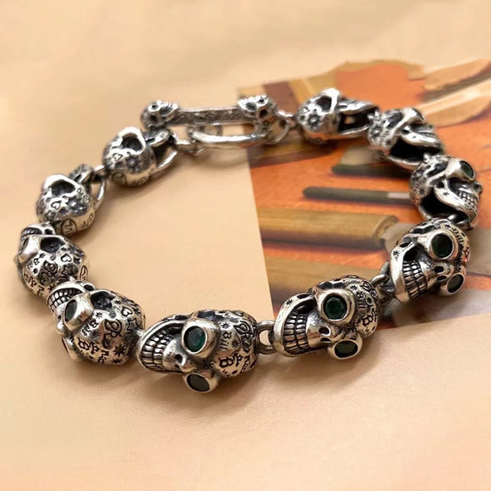 Heavy Real Solid 925 Sterling Silver Bracelet Skeletons Skulls CZ Inlay Hip Hop Punk Jewelry 7.9"