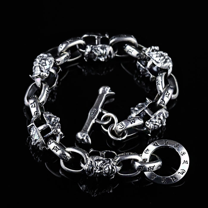 Heavy Real Solid 925 Sterling Silver Bracelet Om Mani Padme Hum Protection Punk Jewelry 7.9"