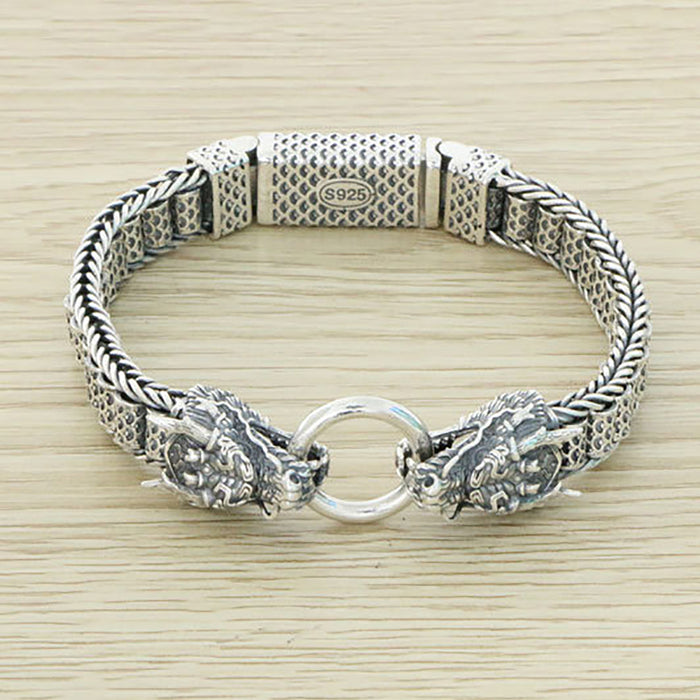 Heavy Real Solid 925 Sterling Silver Bracelet Animals Double Dragons Punk Jewelry 7.9"