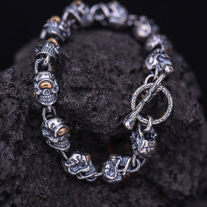 Heavy Real Solid 925 Sterling Silver Bracelet One-eyed Skulls Hip Hop Punk Jewelry 7.3"-9.1"