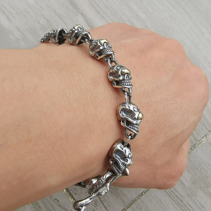 Heavy Real Solid 925 Sterling Silver Bracelet One-eyed Skulls Hip Hop Punk Jewelry 7.3"-9.1"
