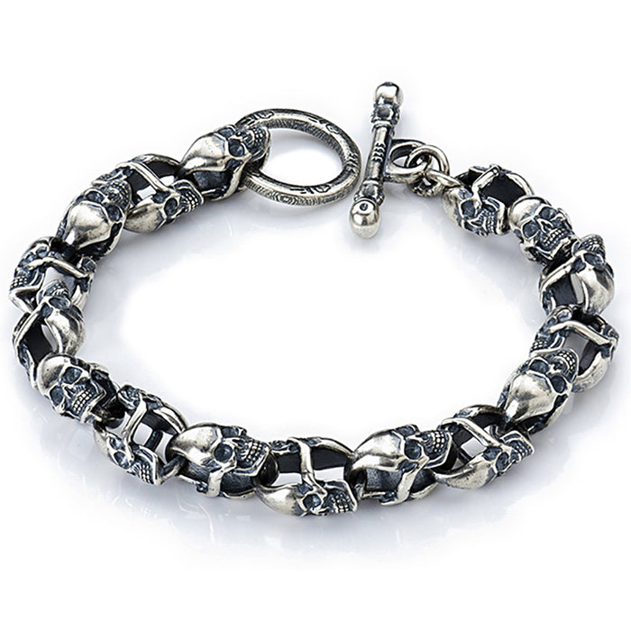 Heavy Huge Real Solid 925 Sterling Silver Bracelet Skeletons Skulls Hip Hop Punk Jewelry 7.3"-9.3"