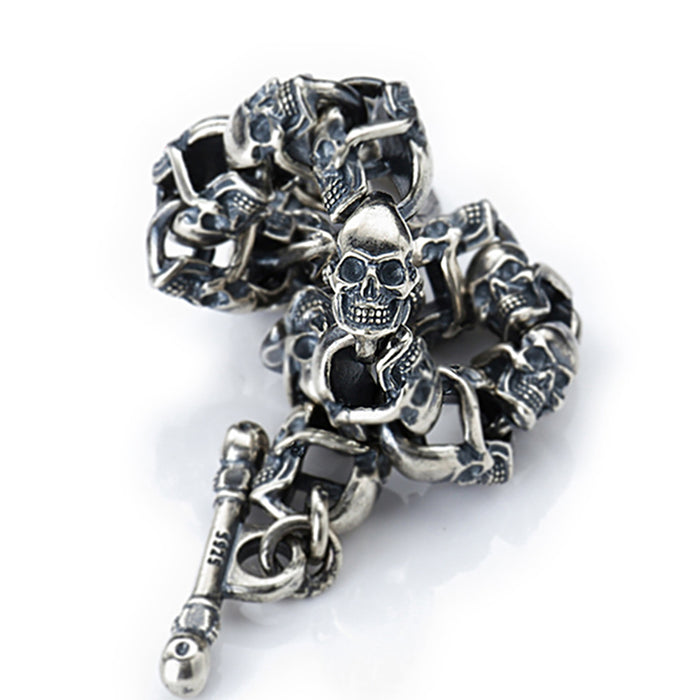 Heavy Huge Real Solid 925 Sterling Silver Bracelet Skeletons Skulls Hip Hop Punk Jewelry 7.3"-9.3"
