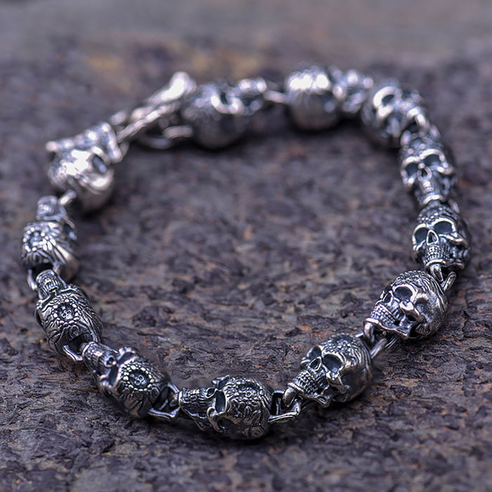 Heavy Real Solid 925 Sterling Silver Bracelet Skeletons Skulls Hip Hop Punk Jewelry 7.5"-9.3"